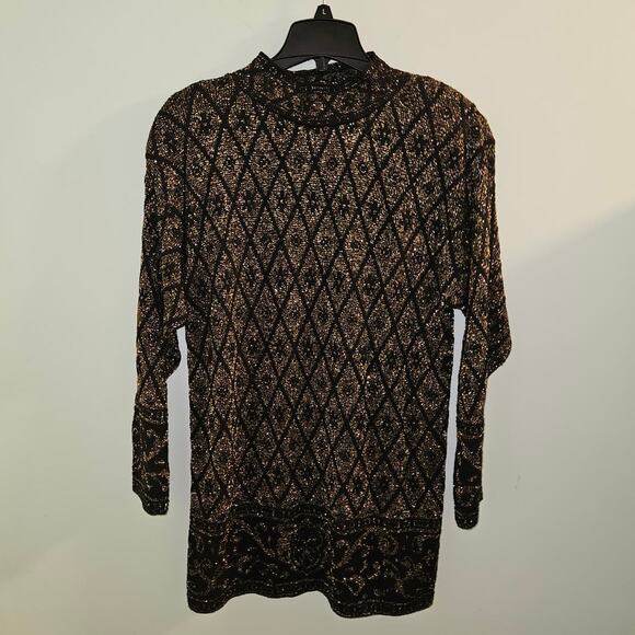 VINTAGE Pierre Cardin 70s or 80s Black & Gold Mock Neck Sweater Size Large - Picture 3 of 14